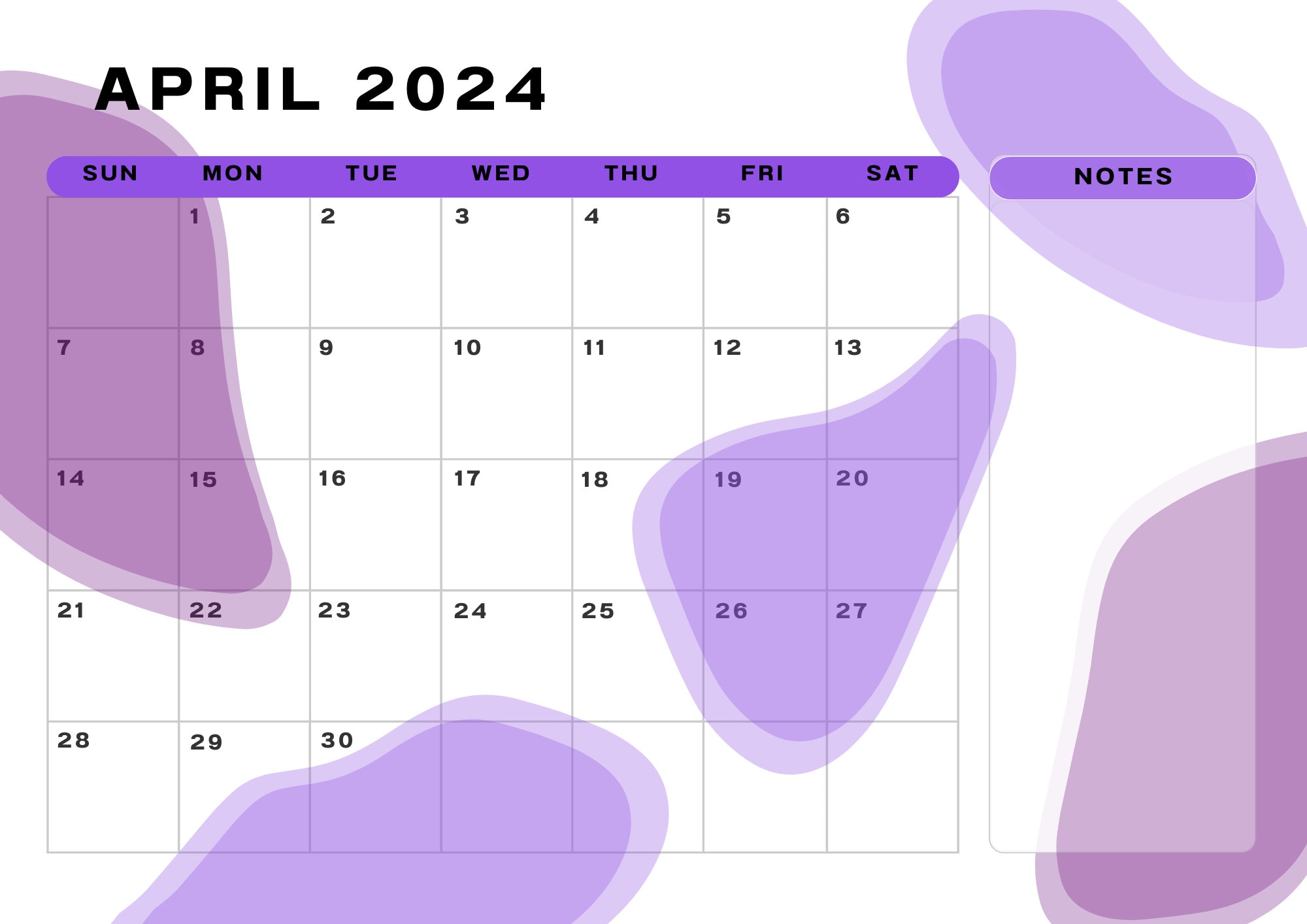 Printable 2024 Calendar Digital PDF Printable Minimalistic Purple With