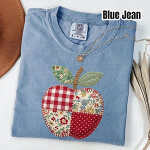 May include: A blue jean colored t-shirt with an apple applique. The apple design is made of red and white gingham, floral, and polka dot fabric. A gold necklace with a small pendant rests on the shirt.