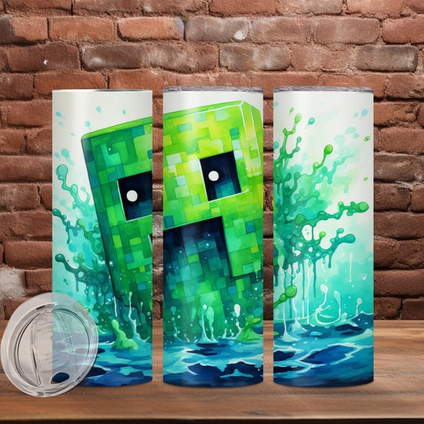 Minecraft like Creeper with Watercolor background 20 oz Tumbler Wrap Art Design Pixel Hero Scary Halloween