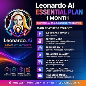 K&ouml;nnte beinhalten: Werbegrafik f&uuml;r den Essential Plan von Leonardo AI, mit einem stilisierten Bild einer b&auml;rtigen Figur in einem farbenfrohen geometrischen Design. Die Grafik hebt wichtige Funktionen wie schnelle Token, den privaten Modus und benutzerdefinierte KI-Modelle hervor. Der Text enth&auml;lt "Create Without Limits."