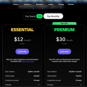 K&ouml;nnte beinhalten: Eine Website-Oberfl&auml;che mit vier Abonnementstufen: Free, Essential, Premium und Ultimate. Jede Stufe hat einen monatlichen Preis, eine 'Abonnieren'-Schaltfl&auml;che und eine Beschreibung der Zielbenutzer. Der Hintergrund ist dunkel mit wei&szlig;em und farbigem Text.