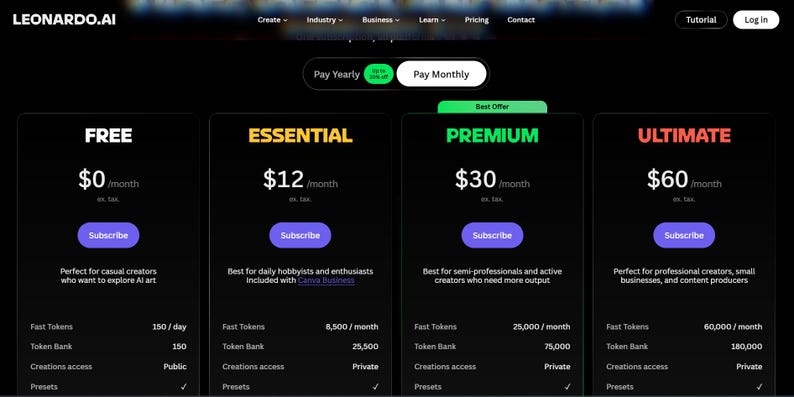 K&ouml;nnte beinhalten: Eine Website-Oberfl&auml;che mit vier Abonnementstufen: Free, Essential, Premium und Ultimate. Jede Stufe hat einen monatlichen Preis, eine 'Abonnieren'-Schaltfl&auml;che und eine Beschreibung der Zielbenutzer. Der Hintergrund ist dunkel mit wei&szlig;em und farbigem Text.