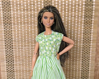 Green Floral Casual Dress for Fashion Dolls