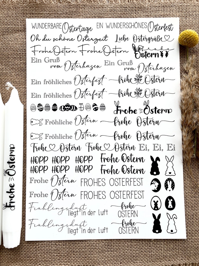 Ostern DIN A4 Wasserschiebefolie mit verschiedenen Motiven Kerzen Tattoofolie Kerzentattoo Kerzenfolie weiße oder schwarze Schrift schwarze Schrift