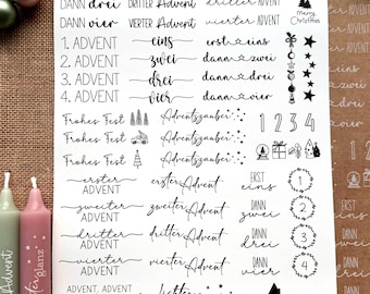 Pode incluir: Uma folha de papel autocolante branco com texto preto e ilustrações. Os autocolantes apresentam frases relacionadas com o Advento, o Natal e a época festiva, incluindo "Primeiro Advento", "Segundo Advento", "Terceiro Advento", "Quarto Advento", "Feliz Natal", "Adventzauber" e "Lichterglanz".