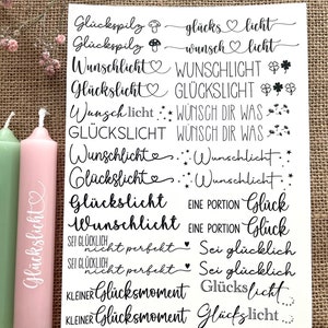 Für kurze Kerzen Wunschlicht & Glückslicht DIN A5 Wasserschiebefolie Kerzen Tattoofolie Kerzentattoo Kerzenfolie weiß oder schwarz schwarze Schrift