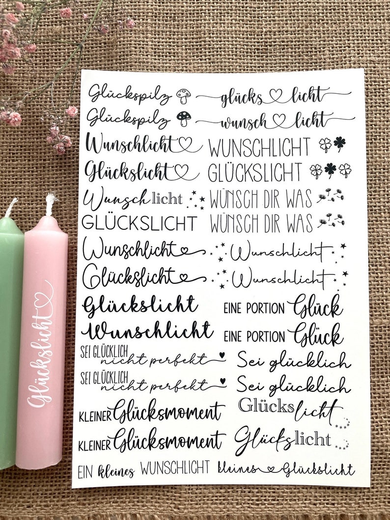 Für kurze Kerzen Wunschlicht & Glückslicht DIN A5 Wasserschiebefolie Kerzen Tattoofolie Kerzentattoo Kerzenfolie weiß oder schwarz schwarze Schrift