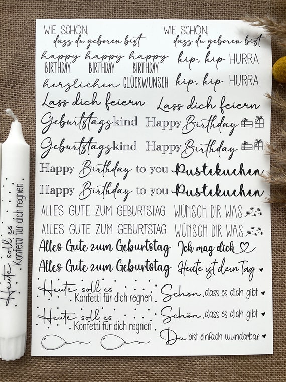 Geburtstag | DIN A4 Wasserschiebefolie mit verschiedenen Motiven | Kerzen Tattoofolie | Kerzentattoo | Kerzenfolie