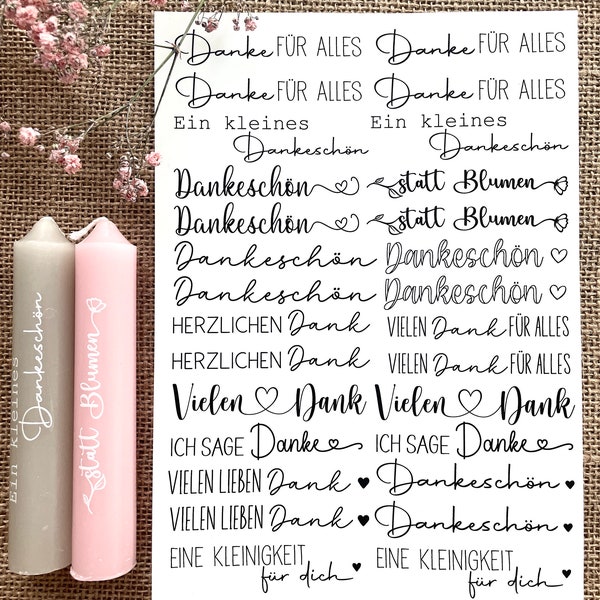 Für kurze Kerzen | Dankeschön | DIN A5 | Danke Wasserschiebefolie Kerzen Tattoofolie | Kerzentattoo | Kerzenfolie weiße od. schwarze Schrift