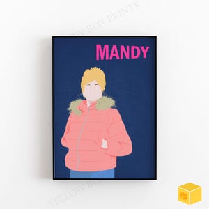 May include: A digital illustration of a woman with blonde hair wearing a pink puffer jacket with a fur trim. The background is a dark blue colour and the text "MANDY" is written in pink letters at the top of the image.