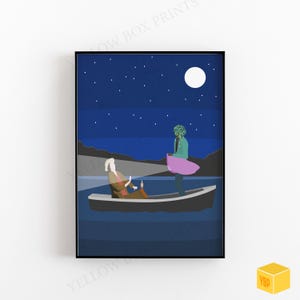 May include: A digital illustration of two people in a boat on a starry night. The boat is dark blue and the people are silhouetted against the night sky. The person in the back of the boat is wearing a green shirt and pink skirt. The person in the front of the boat is wearing a brown shirt and white trousers. The moon is visible in the sky.