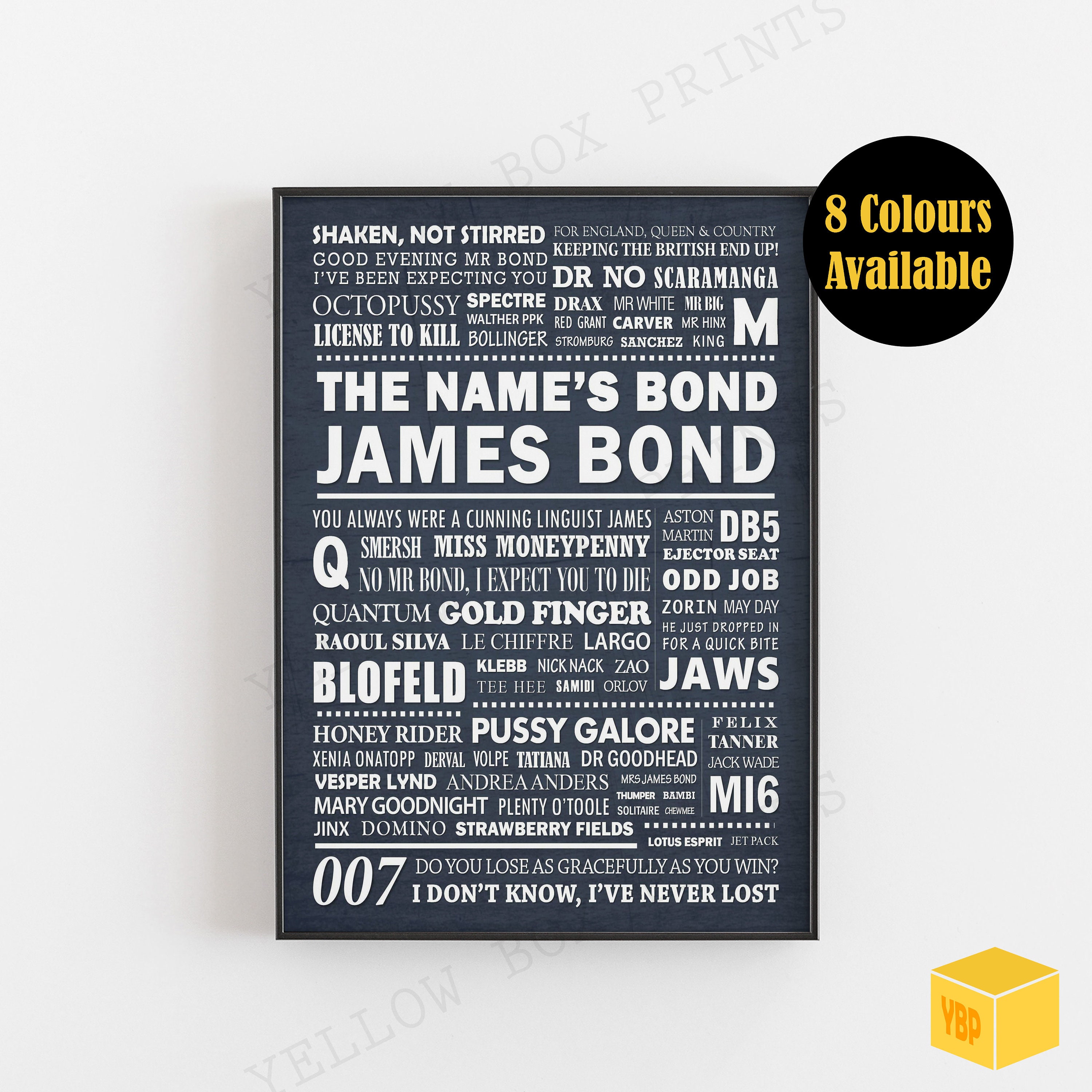 JAMES BOND - 007 Film Series Typography Poster Print - 8 Colours, Available in A5, A4 & A3 Sizes with Free Uk Delivery