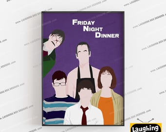May include: A framed poster featuring a purple background and the text Friday Night Dinner in white. The illustration depicts five stylized, faceless figures representing the main characters, including one wearing a striped shirt and one in a tie.