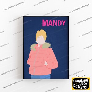 May include: A rectangular wall art print featuring a stylised illustration of a person with blonde hair wearing a coral-coloured puffer jacket with a fur-trimmed hood against a dark blue background. The name MANDY is printed in large pink letters.