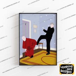 May include: A framed digital art print featuring a minimalist illustration of two figures in a room. One figure wears a red robe and is bent over, while the other figure wears a black clerical shirt and trousers, kicking the first figure.