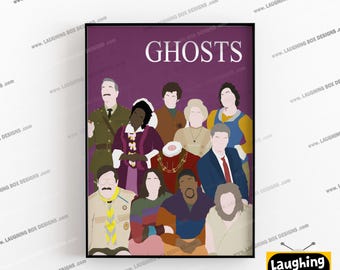 May include: A rectangular wall art print with a deep purple background featuring the word GHOSTS in white capital letters at the top. The illustration depicts a group of ten diverse characters in a flat, minimalist style with varied clothing.