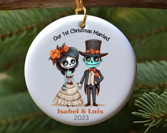 First Christmas Married Ornament, Our First Christmas, Dia De Los Muertos, Sugar Skull Gifts, Couple Ornament, Mr and Mrs Ornament, Custom