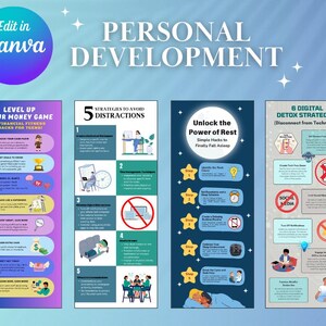 Op de afbeelding: Vier kleurrijke infographic posters met tips voor persoonlijke ontwikkeling. De eerste poster is roze en blauw en heeft de titel "Level Up Your Money Game". De tweede poster is blauw en groen en heeft de titel "5 Strategies to Avoid Distractions". De derde poster is blauw en paars en heeft de titel "Unlock the Power of Rest". De vierde poster is blauw en rood en heeft de titel "6 Digital Detox Strategies".