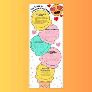 Op de afbeelding: Een kleurrijke infographic met een illustratie van een ijshoorn. De infographic somt vijf productiviteitshacks op: Stel realistische doelen, Prioriteer taken, Neem pauzes, Gebruik tijdmanagementtools en Oefen mindfulness.