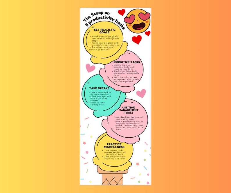 Op de afbeelding: Een kleurrijke infographic met een illustratie van een ijshoorn. De infographic somt vijf productiviteitshacks op: Stel realistische doelen, Prioriteer taken, Neem pauzes, Gebruik tijdmanagementtools en Oefen mindfulness.