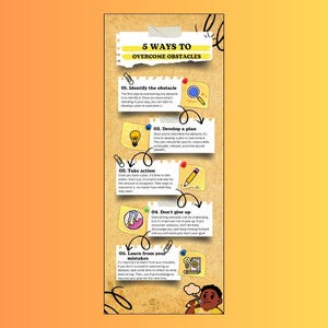 Op de afbeelding: Een gele en oranje ge&iuml;llustreerde infographic met de titel "5 manieren om obstakels te overwinnen". De infographic somt vijf stappen op om obstakels te overwinnen: het obstakel identificeren, een plan ontwikkelen, actie ondernemen, niet opgeven en leren van je fouten.