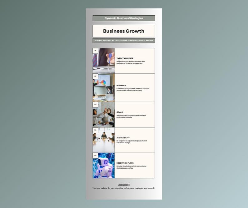 K&ouml;nnte beinhalten: Vertikale Infografik mit dem Titel "Business Growth" (Unternehmenswachstum). Sie zeigt dynamische Gesch&auml;ftsstrategien mit Abschnitten zu Zielgruppe, Forschung, Zielen, Anpassungsf&auml;higkeit und Umsetzungspl&auml;nen, jeweils mit Bildern.