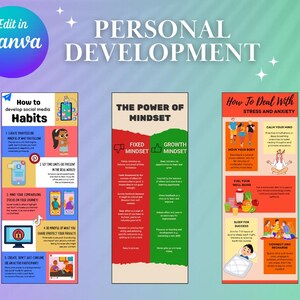 Op de afbeelding: Drie kleurrijke infographic posters met tips voor persoonlijke ontwikkeling. De eerste poster heeft de titel "Hoe sociale media-gewoonten te ontwikkelen" en bevat vijf tips. De tweede poster heeft de titel "De kracht van mindset" en vergelijkt vaste en groeiende mindsets. De derde poster heeft de titel "Hoe om te gaan met stress en angst" en bevat zes tips.