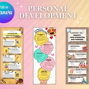 Op de afbeelding: Drie ge&iuml;llustreerde posters met tips voor persoonlijke ontwikkeling. De eerste poster is bruin met gele accenten en somt 5 manieren op om obstakels te overwinnen. De tweede poster is roze met een cartoon-ijsje en somt productiviteitshacks op. De derde poster is bruin met een vraagteken en somt stappen op om je sterke punten en passies te identificeren.