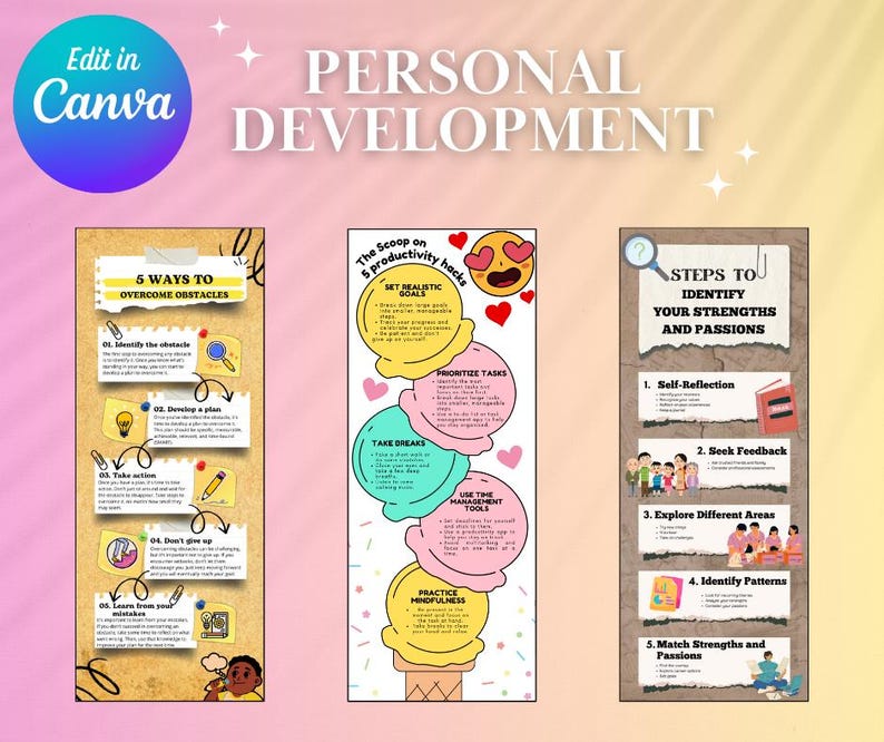 Op de afbeelding: Drie ge&iuml;llustreerde posters met tips voor persoonlijke ontwikkeling. De eerste poster is bruin met gele accenten en somt 5 manieren op om obstakels te overwinnen. De tweede poster is roze met een cartoon-ijsje en somt productiviteitshacks op. De derde poster is bruin met een vraagteken en somt stappen op om je sterke punten en passies te identificeren.