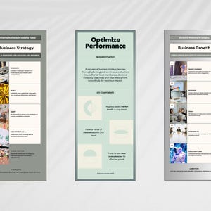 K&ouml;nnte beinhalten: Drei vertikale Infografiken mit Text und Bildern. Die erste, in Grau, tr&auml;gt den Titel "Business Strategy" und enth&auml;lt Abschnitte zu Forschung, Zielen und Anpassung. Die zweite, in Gr&uuml;n, tr&auml;gt den Titel "Optimize Performance" und listet Schl&uuml;sselkomponenten auf. Die dritte, in Grau, tr&auml;gt den Titel "Business Growth".