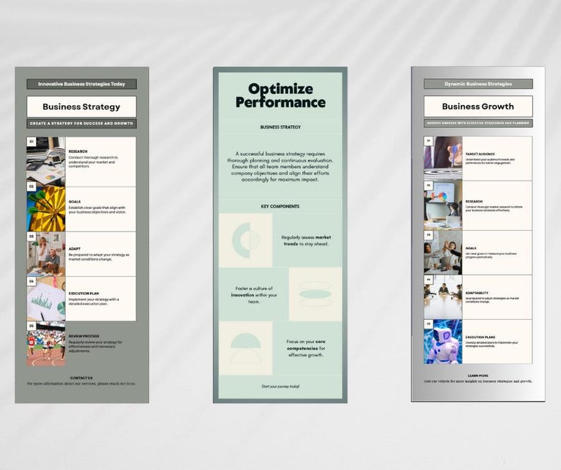 K&ouml;nnte beinhalten: Drei vertikale Infografiken mit Text und Bildern. Die erste, in Grau, tr&auml;gt den Titel "Business Strategy" und enth&auml;lt Abschnitte zu Forschung, Zielen und Anpassung. Die zweite, in Gr&uuml;n, tr&auml;gt den Titel "Optimize Performance" und listet Schl&uuml;sselkomponenten auf. Die dritte, in Grau, tr&auml;gt den Titel "Business Growth".