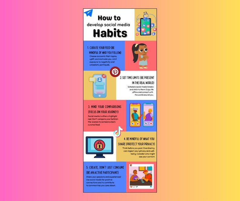 Op de afbeelding: Een kleurrijke infographic met vijf tips over hoe je gezonde social media-gewoonten kunt ontwikkelen. De tips omvatten het cureren van je feed, het instellen van tijdslimieten, het in de gaten houden van vergelijkingen, bewust zijn van wat je deelt en het cre&euml;ren van content. De infographic bevat illustraties van mensen die social media gebruiken en pictogrammen die verschillende platforms vertegenwoordigen.
