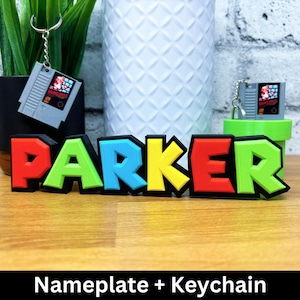 Mario Nameplate - With Keychain | Bedroom Name | Kids Nursery Sign | Personalized Font | Nintendo Gamer | Super Custom Kart | NES Key Gift