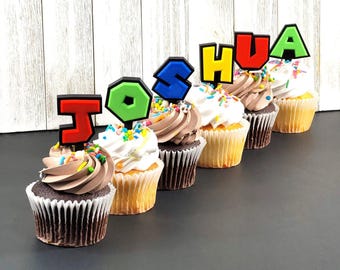 Topper per cupcake ispirato a Mario, tema cupcake personalizzato, festa di compleanno per bambini, scelte di cibo, decorazione per torta di Mario Kart, festa di Super Mario