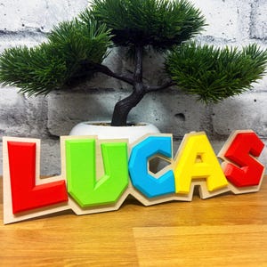 May include: A wooden name sign spelling "LUCAS" in colorful 3D block letters. The letters are red, green, blue, yellow, and red. The sign is sitting on a wooden surface in front of a small potted tree.