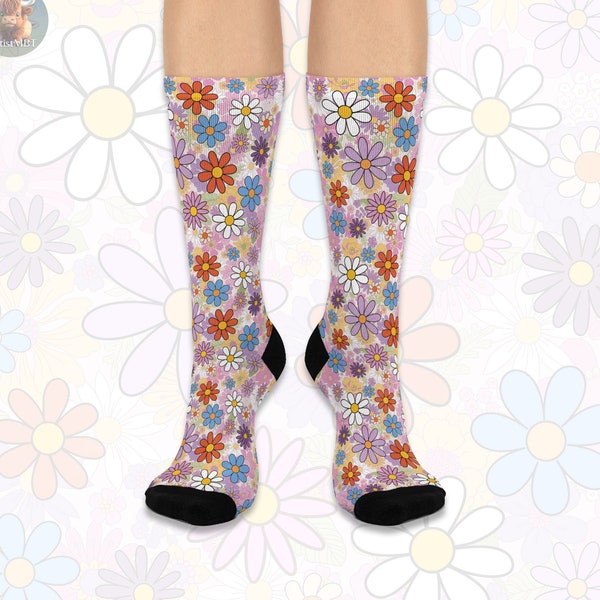 Retro Groovy Flowers Socks, Cushioned Crew Socks, One Size, fits women's size 5 US up to men's size 12 US, Gift for mom, Gift for bff