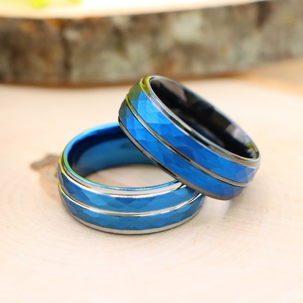 Hammered Blue Ring Silver Blue Tungsten Ring Man's Tungsten Band Blue and Black Engagement Band For Men 8mm Blue Mens Tungsten Wedding Band