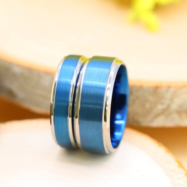 Blue and Silver Ring, Mens Tungsten Ring, Blue Wedding Band, Comfort Fit Band, Mens Tungsten Ring, Womens Tungsten Band, 9mm/6mm Couple Ring