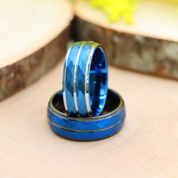 8mm Blue Mens Tungsten Wedding Band, Tungsten Blue Black Engagement Ring For Men, Mens Personalized Wedding Ring, Blue Tungsten Ring for Him