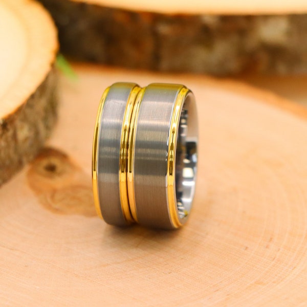 Polished Yellow Gold Ring, Couple Rings 8mm 6mm, Tungsten Wedding Band, Mens Wedding Band, Mens Tungsten Wedding Band Matching Tungsten Ring
