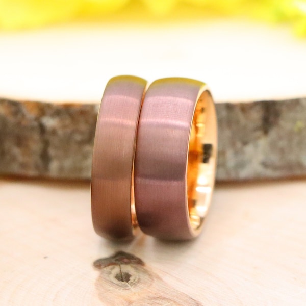 Rose Gold Tungsten Wedding Band, Engraved Wedding Ring, Brown Tungsten Engagement Ring, Matching Tungsten Ring, His and Her Anniversary Ring