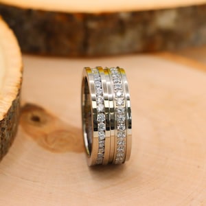 His and Hers Titanium Wedding Rings, Titanium Wedding Band, Titanium Eternity Diamond Ring, White Round cut Diamond Engagement Ring for Her