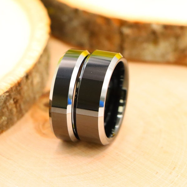 Two Tone Wedding Tungsten Band, Black Polished Beveled Edges Ring, Custom Laser Engraved Tungsten Anniversary Ring, Mens Black Wedding Ring