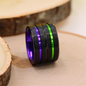 Men’s Women’s Black Green Tungsten Carbide Wedding Bands, Purple Tungsten Band, Mens Engagement Band, Male Promise Ring, Anniversary Gift