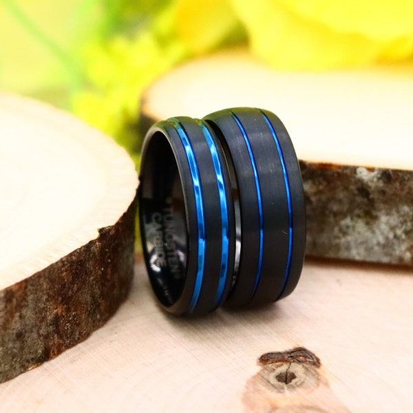 Unique Engagement Ring, 6mm Dome Black Promise Ring with Blue Ion Plated Two Grooved, Men's Tungsten Wedding Bands, Engagement Ring for Him
