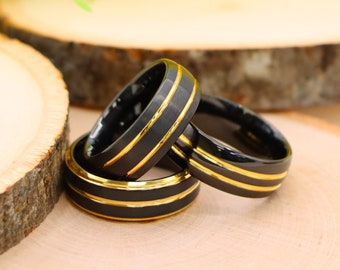8mm Gold Black Groove Tungsten Ring, Tungsten Wedding Ring, Anniversary Ring, Black Tungsten Ring, Black Ring, Gold And Black Tungsten  Band