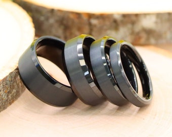 Black Tungsten Wedding Band, Beveled Edge Flat Ring, Mens Wedding Ring, Groove Ring, Anniversary Gift, Groomsmen Gift, Engagement Ring