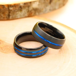 Unisex Wedding Band, Tungsten Ring, Thin Blue Line Ring, Law Enforcement Wedding Ring Tungsten Wedding Ring Black Blue Grooved 8mm Men’ Ring