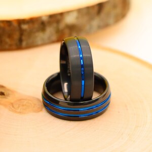 Law Enforcement Wedding Ring, Tungsten Wedding Bands, Black Blue Grooved 8mm Men’s Engagement Ring, High Polished Domed Personalized Rings