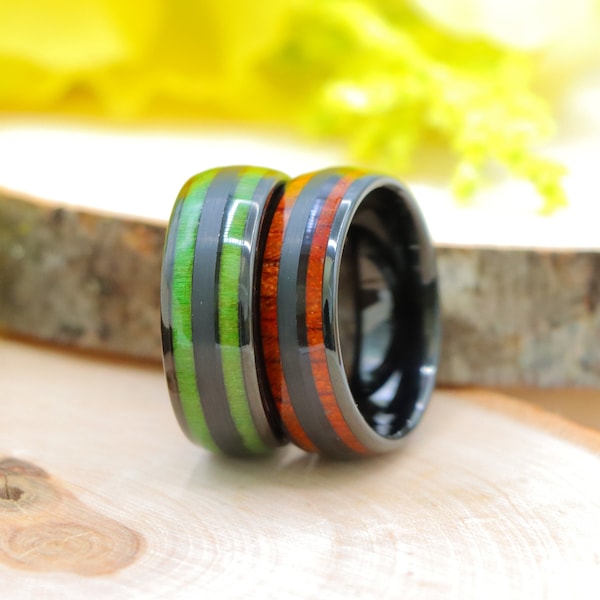 Mens Koa Wedding Ring, Mens Wood Ring, Tungsten Carbide Band, Engagement Bands, Anniversary Ring, Black Tungsten Engagement Ring with Exotic